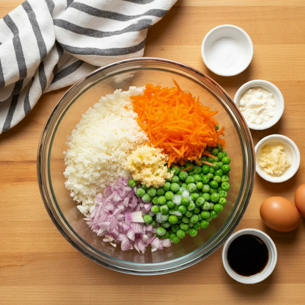 Keto Cauliflower Fried Rice Overhead view of Keto Cauliflower Fried Rice ingredients in a glass bowl, including riced cauliflower, carrots, peas, and small bowls of sauces and whisked eggs on a wooden countertop.