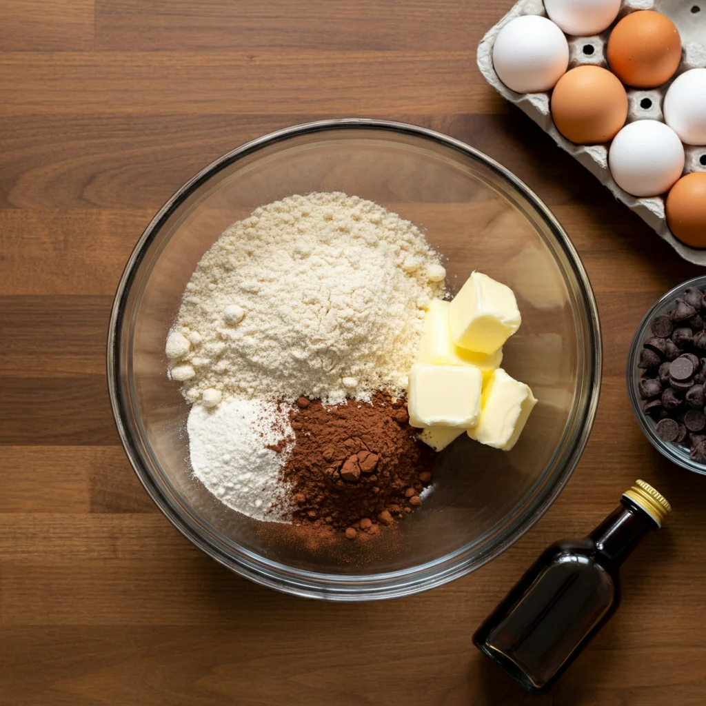 Keto Brownies Keto brownie ingredients in a glass bowl on a wooden counter, including almond flour, cocoa powder, and melted butter with chocolate chips.