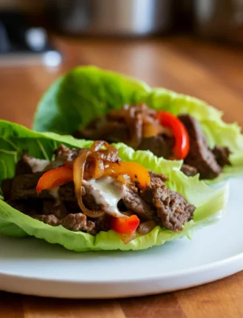 Keto Philly Cheesesteak Lettuce Wraps Freshly prepared Keto Philly Cheesesteak Lettuce Wraps with steak, cheese, onions, and peppers on a white plate, captured with a handheld camera.