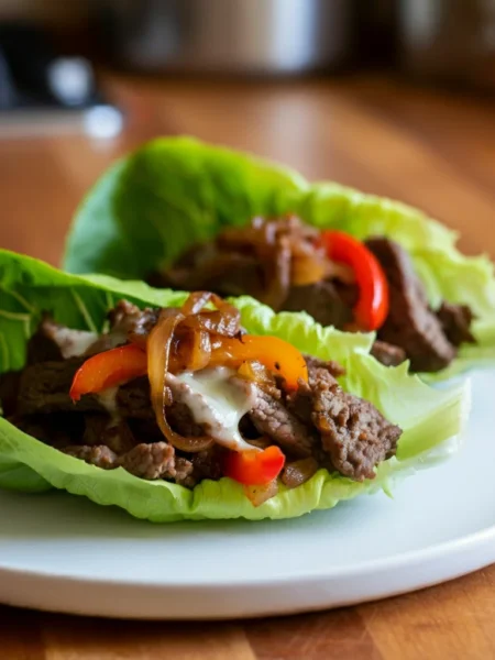 Keto Philly Cheesesteak Lettuce Wraps Freshly prepared Keto Philly Cheesesteak Lettuce Wraps with steak, cheese, onions, and peppers on a white plate, captured with a handheld camera.