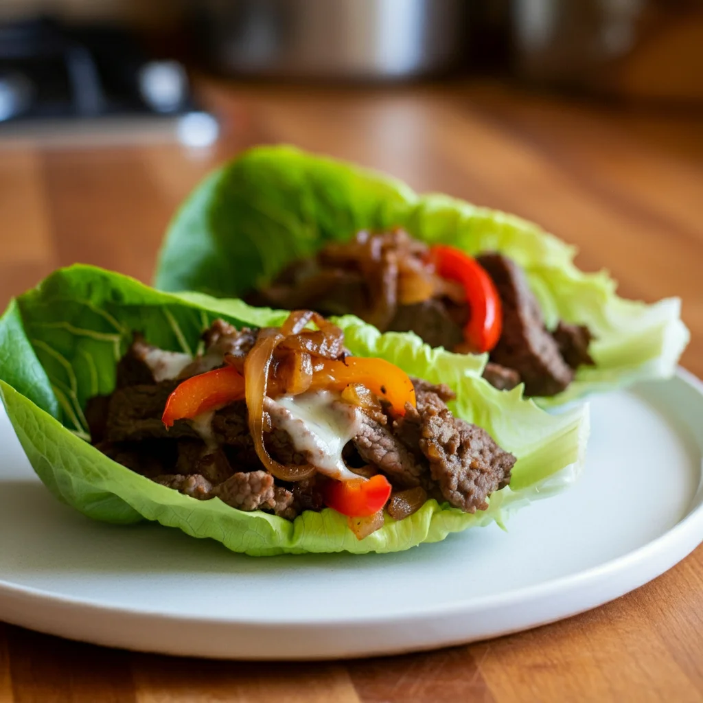 Keto Philly Cheesesteak Lettuce Wraps Freshly prepared Keto Philly Cheesesteak Lettuce Wraps with steak, cheese, onions, and peppers on a white plate, captured with a handheld camera.