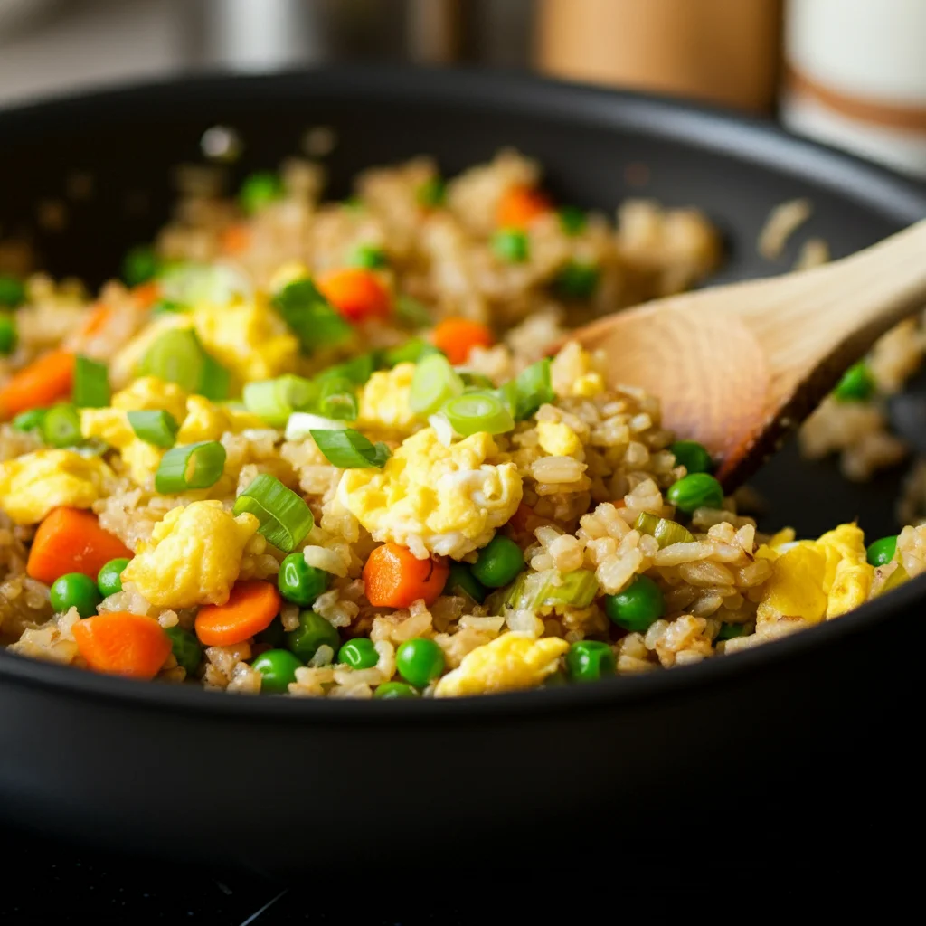 Keto Cauliflower Fried Rice Side-angle handheld shot of Keto Cauliflower Fried Rice in a skillet, highlighting vibrant textures with a blurred kitchen towel in the background.