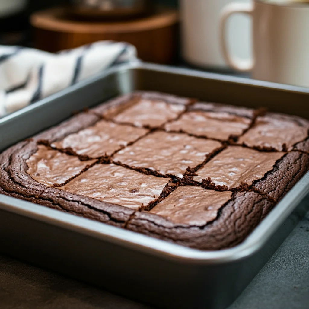 Keto Brownies
Freshly baked keto brownies with a cracked top, cut into squares in a baking pan on a casual kitchen setup.