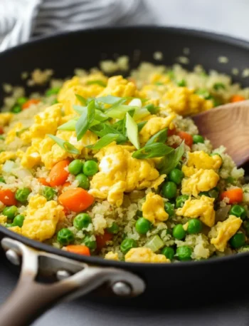 Keto Cauliflower Fried Rice Handheld shot of Keto Cauliflower Fried Rice in a black skillet with eggs, carrots, peas, and scallions, featuring a wooden spoon and a casual kitchen background.