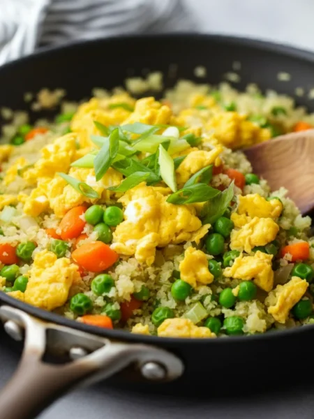 Keto Cauliflower Fried Rice Handheld shot of Keto Cauliflower Fried Rice in a black skillet with eggs, carrots, peas, and scallions, featuring a wooden spoon and a casual kitchen background.