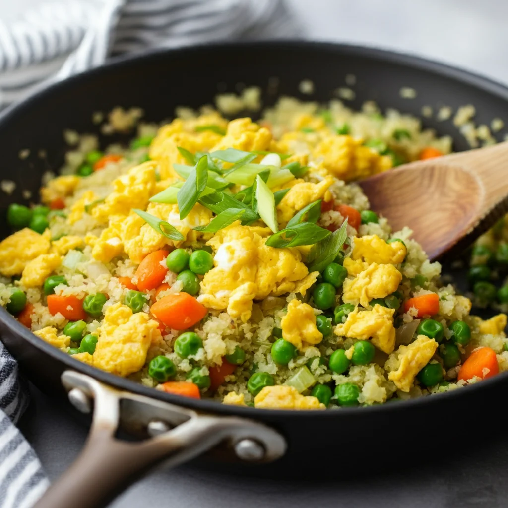 Keto Cauliflower Fried Rice Handheld shot of Keto Cauliflower Fried Rice in a black skillet with eggs, carrots, peas, and scallions, featuring a wooden spoon and a casual kitchen background.