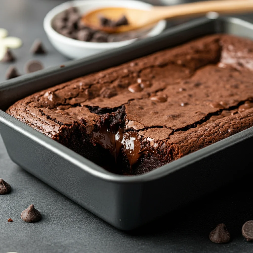 Keto Brownies Close-up of keto brownies in a pan, showing a glossy top and gooey texture with scattered chocolate chips in the background.