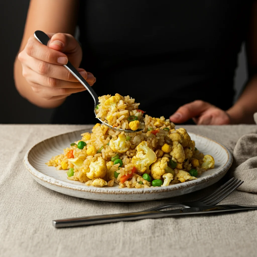 Keto Cauliflower Fried Rice Hand holding a spoon of Keto Cauliflower Fried Rice over a rustic white plate, with warm lighting and a textured tablecloth.