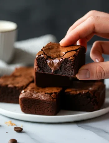 Keto Brownies Hand holding a fudgy keto brownie with a glossy top, with more brownies on a white plate on a marble countertop.