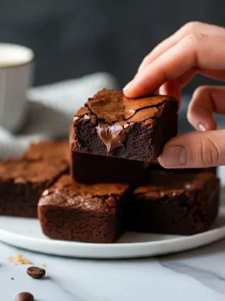 Keto Brownies Hand holding a fudgy keto brownie with a glossy top, with more brownies on a white plate on a marble countertop.