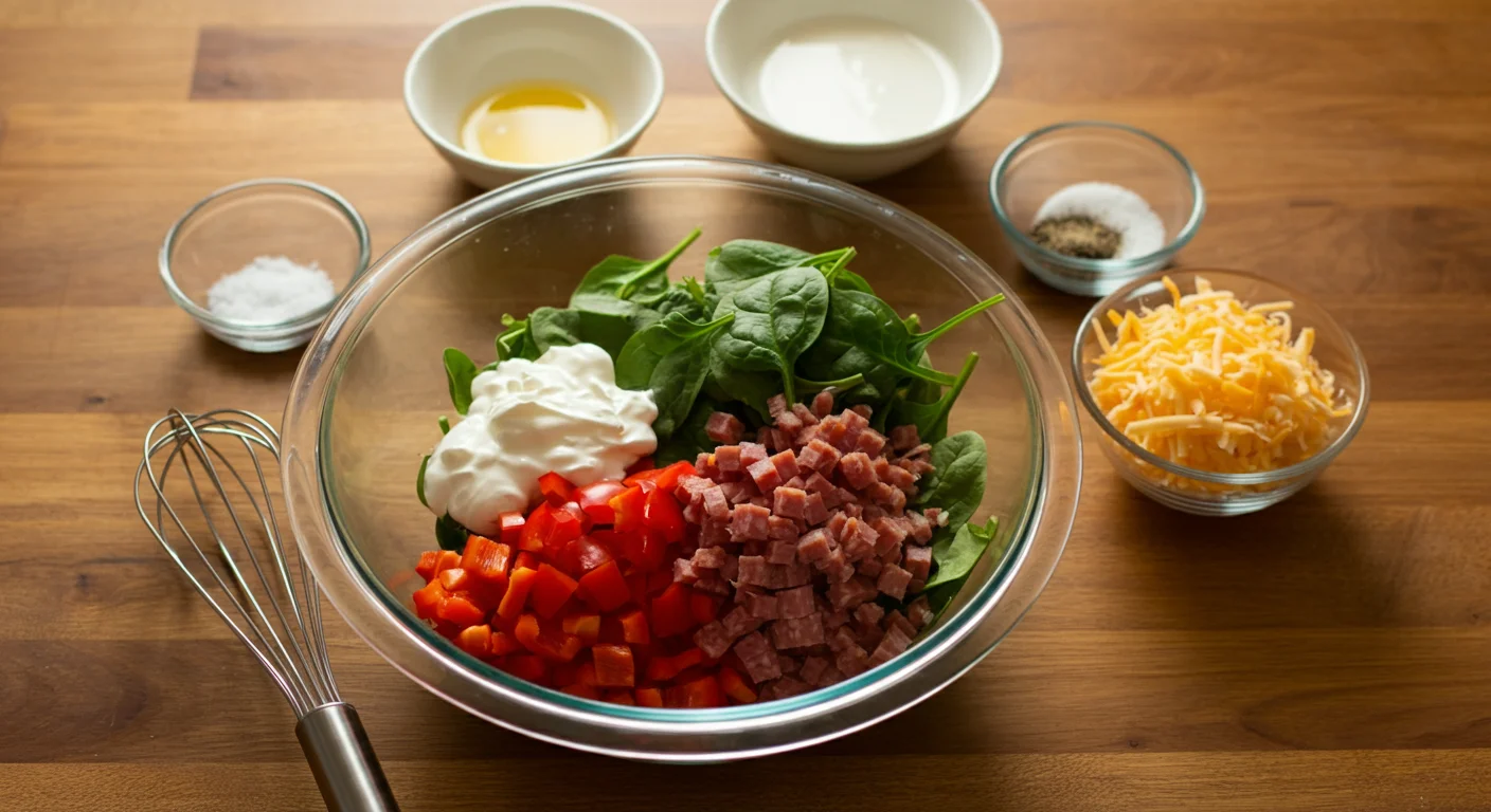 Keto Salami & Cheese Frittatas Glass bowl with diced red bell peppers, salami, spinach, cheese, and small bowls of eggs, cream, salt, and pepper on a wooden counter.