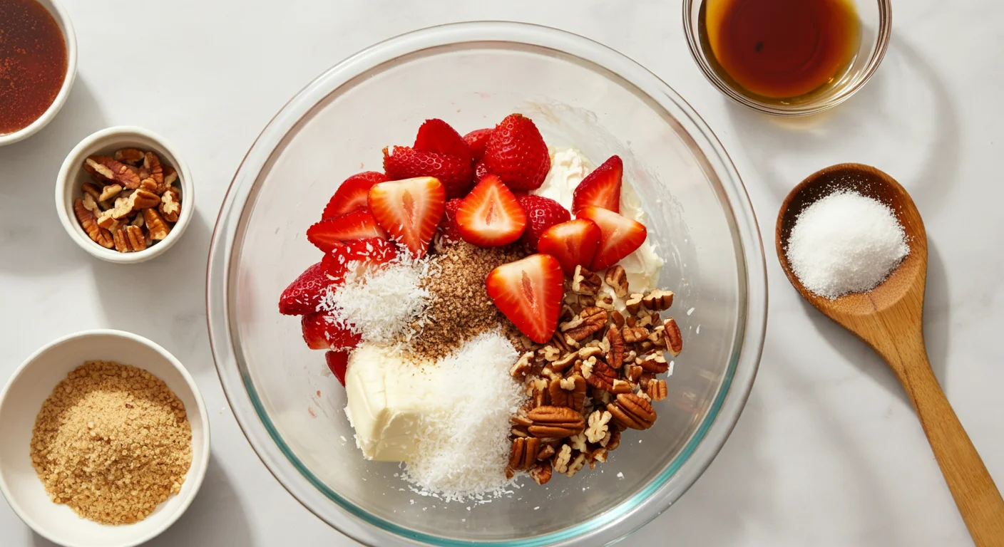 Keto strawberry cheesecake balls Glass bowl with cream cheese, roasted strawberries, coconut, and pecans on a marble countertop.