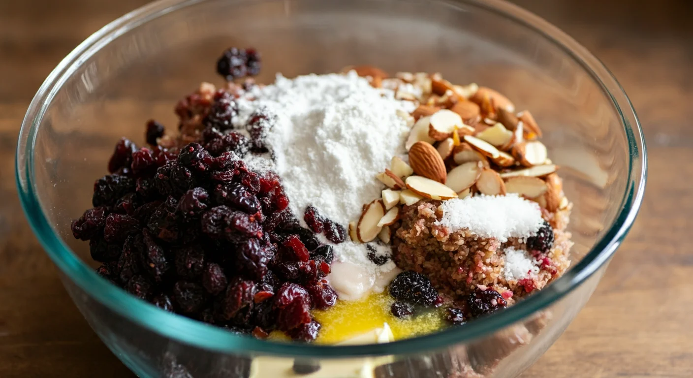 Keto Mini Fruit Cakes Ingredients for keto mini fruit cakes in a glass bowl on a rustic countertop.