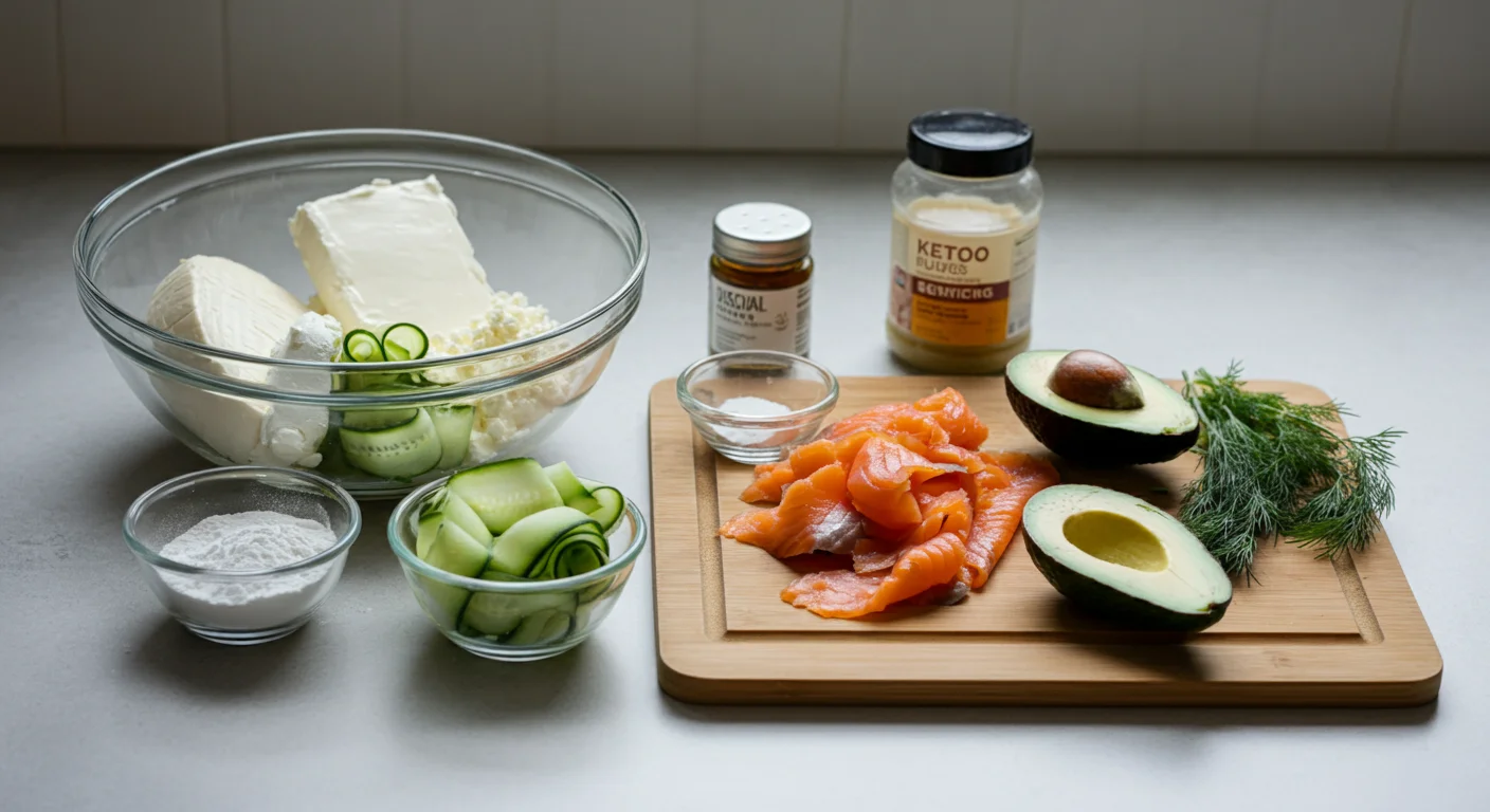 Keto Sandwich Swiss Roll Glass bowl with cream cheese, goat cheese, eggs, and baking powder, surrounded by smoked salmon, cucumber ribbons, avocado, and dill on a kitchen counter.