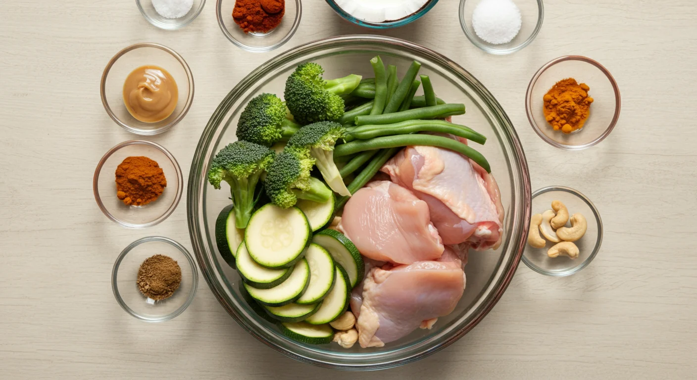 Keto Coconut & Cashew Chicken Curry Top-down view of Keto Coconut & Cashew Chicken Curry ingredients in a glass bowl with chicken, veggies, spices, and cashews on a wooden surface.