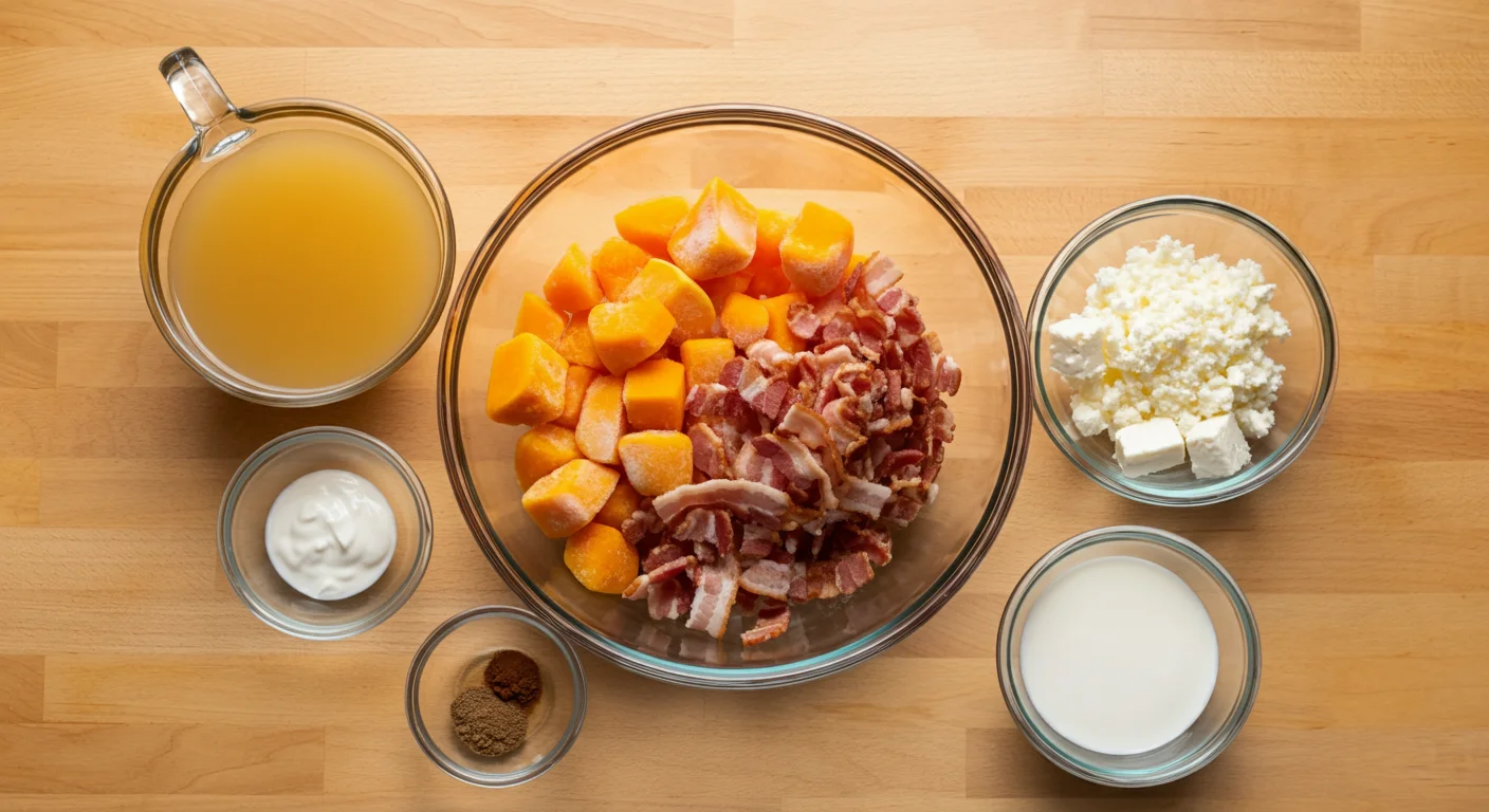 Keto Pumpkin Soup Overhead shot of keto pumpkin soup ingredients: pumpkin cubes, bacon, feta, onions, cumin, chicken stock, cream, and thyme in bowls on a wooden counter.