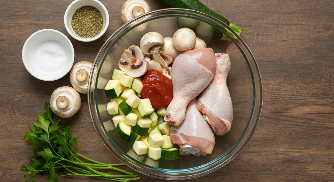 Keto Mediterranean Chicken Glass bowl with chicken drumsticks, zucchini, mushrooms, marinara sauce, and seasonings on a rustic wooden countertop with small bowls of herbs.