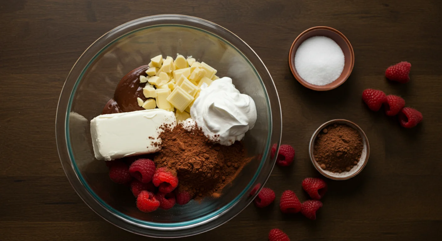 keto White chocolate berrymisu Top view of keto dessert ingredients like cream cheese, raspberries, and cocoa powder in a glass bowl on a wooden counter.