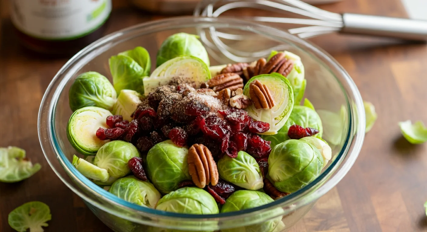 Keto Cranberry Pecan Brussels Sprouts Overhead shot of roasted Brussels sprouts, pecans, and cranberries on a white plate with natural lighting.