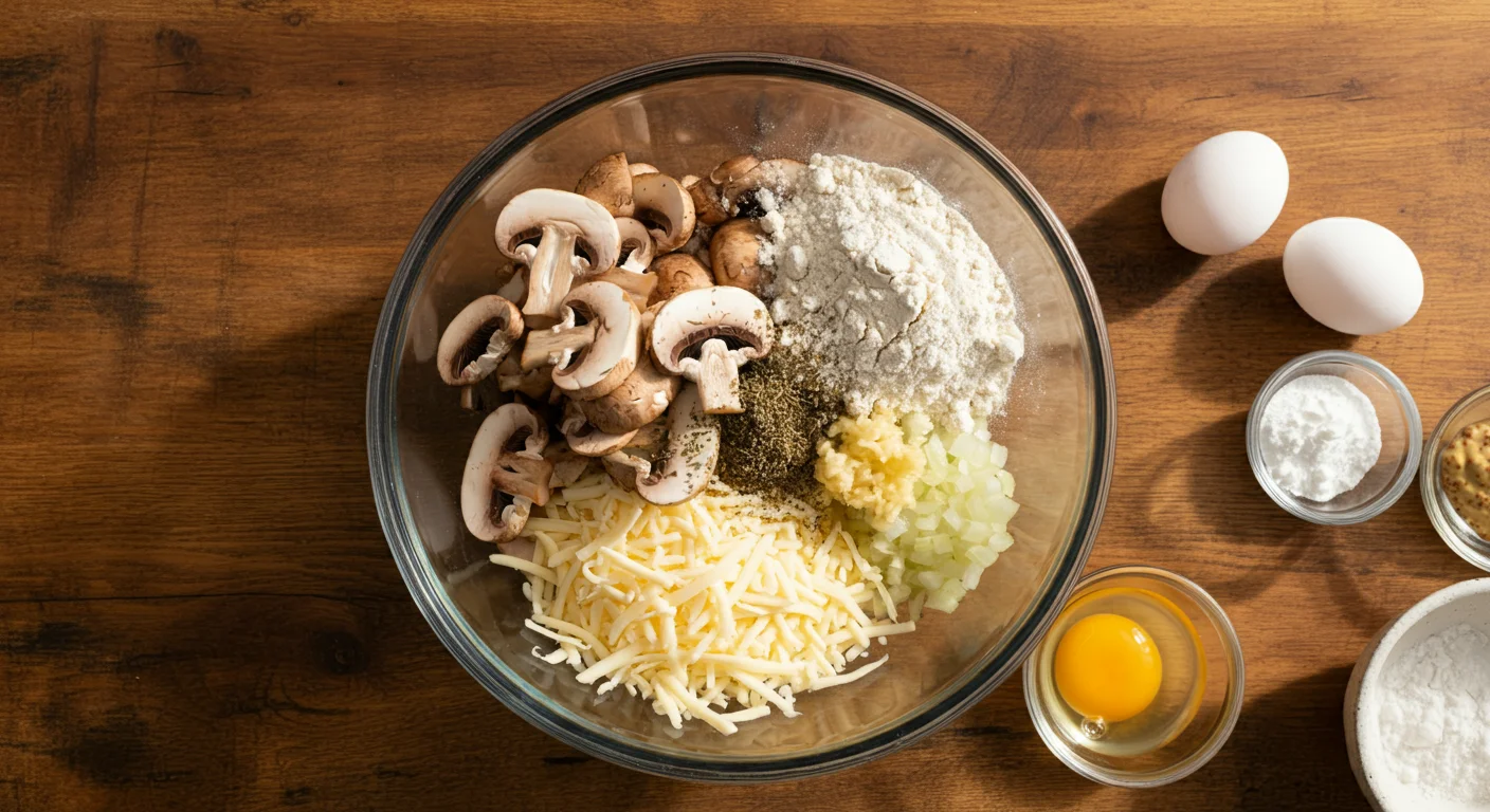 Keto Beef Wellington Ingredients for Keto Beef Wellington in a glass bowl, including mushrooms, garlic, onion, mozzarella, almond flour, and thyme, on a rustic wooden countertop.