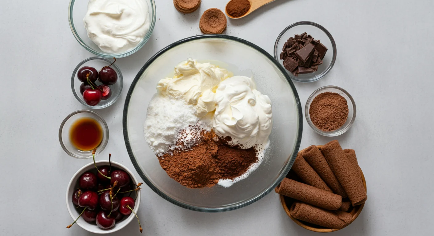 keto Easy Black Forest wreath Glass bowl with mascarpone, whipped cream, and powdered sweetener, surrounded by small bowls of cherries, chocolate shavings, and sliced keto sponge rolls on a kitchen countertop.