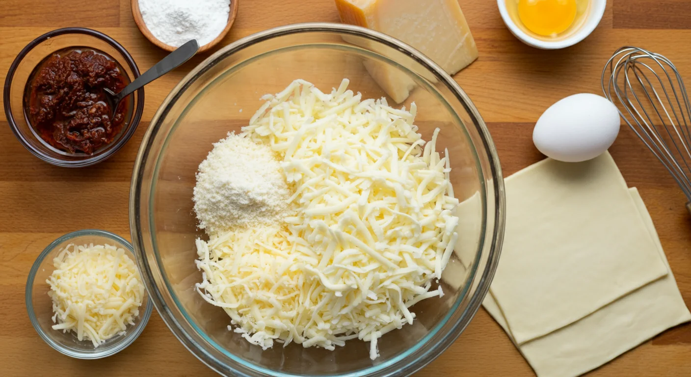 Keto Cheesy Puff Pastry Christmas Tree Keto puff pastry ingredients in a glass bowl, surrounded by small bowls with cheese, pesto, egg, and pastry sheets on a wooden countertop.