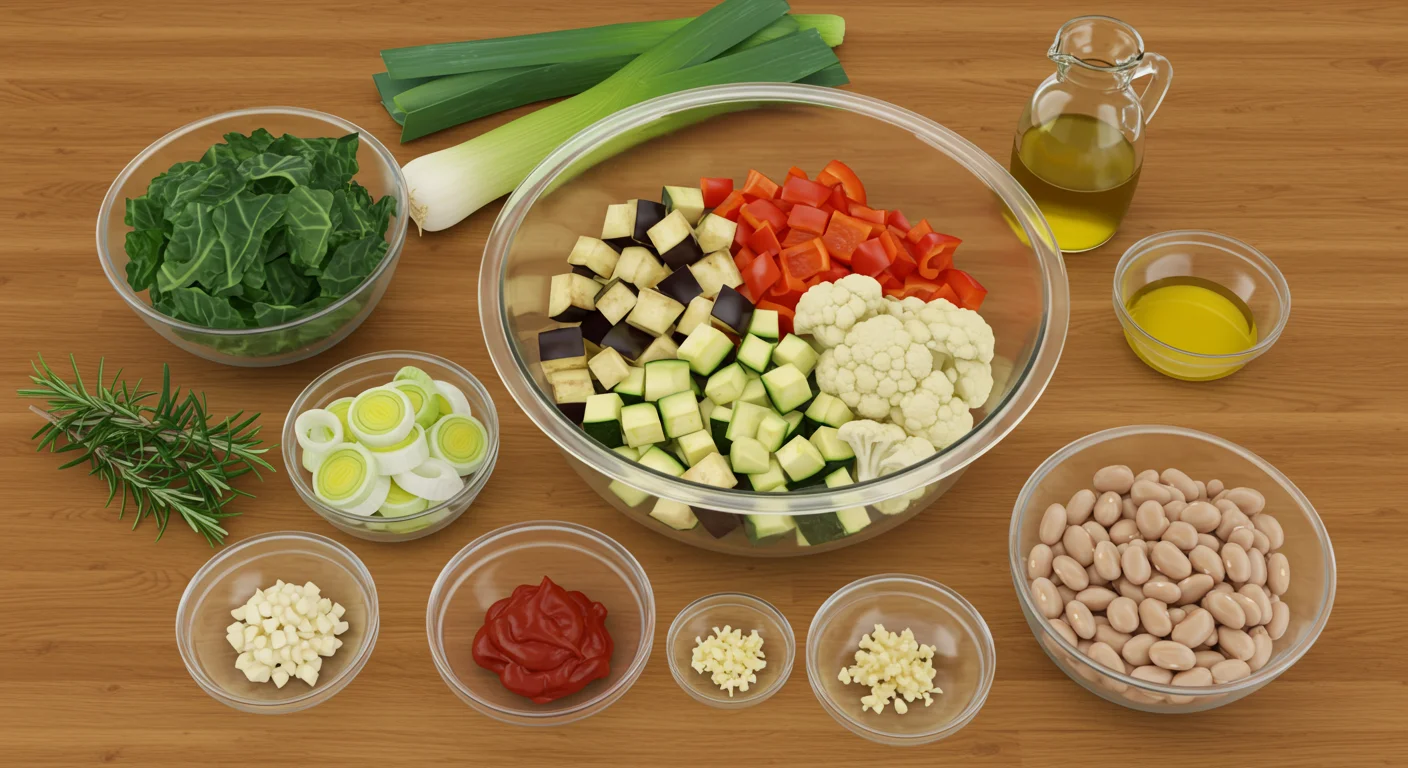 keto Quick vegetarian minestrone A glass bowl with chopped zucchini, eggplant, bell peppers, and cauliflower, surrounded by smaller bowls of leeks, kale, tomato paste, shirataki noodles, garlic, rosemary, and lupini beans on a wooden countertop.