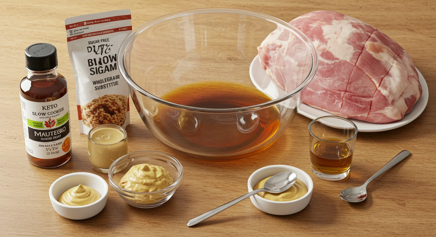 keto Slow cooker pulled maple Christmas ham Ingredients for keto pulled maple Christmas ham in a glass bowl, including sugar-free maple syrup, mustard, and brown sugar substitute.