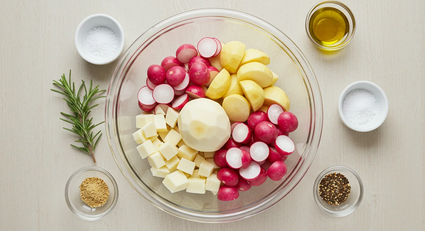 Keto Roast Potatoes Top-down view of keto roast potato ingredients—cubed turnips, radishes, olive oil, garlic powder, salt, and rosemary—in a glass bowl on a rustic counter.