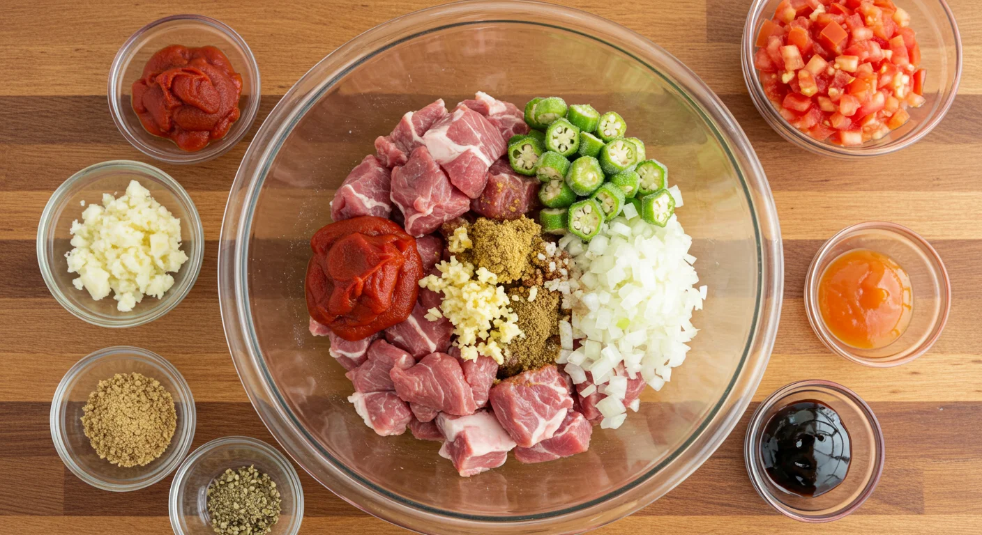 keto Lebanese lamb & okra stew Ingredients for keto Lebanese lamb & okra stew in a glass bowl with diced lamb, okra, spices, and small bowls of tomato paste and pomegranate molasses on a wooden surface.