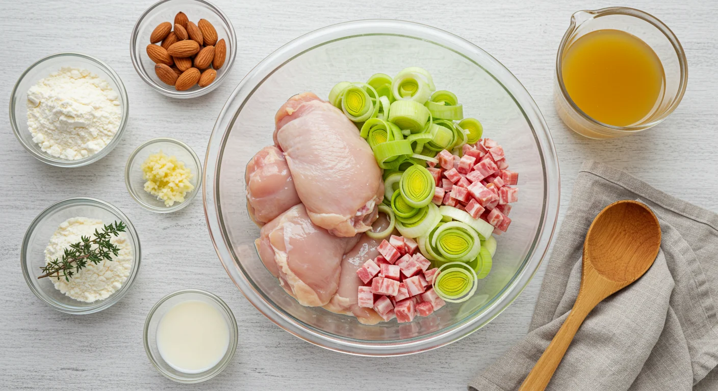 keto Chicken and leek casserole Glass bowl with chicken thighs, leeks, pancetta, mushrooms, and small bowls of almond flour, thyme, garlic, cream, and stock on a kitchen counter.