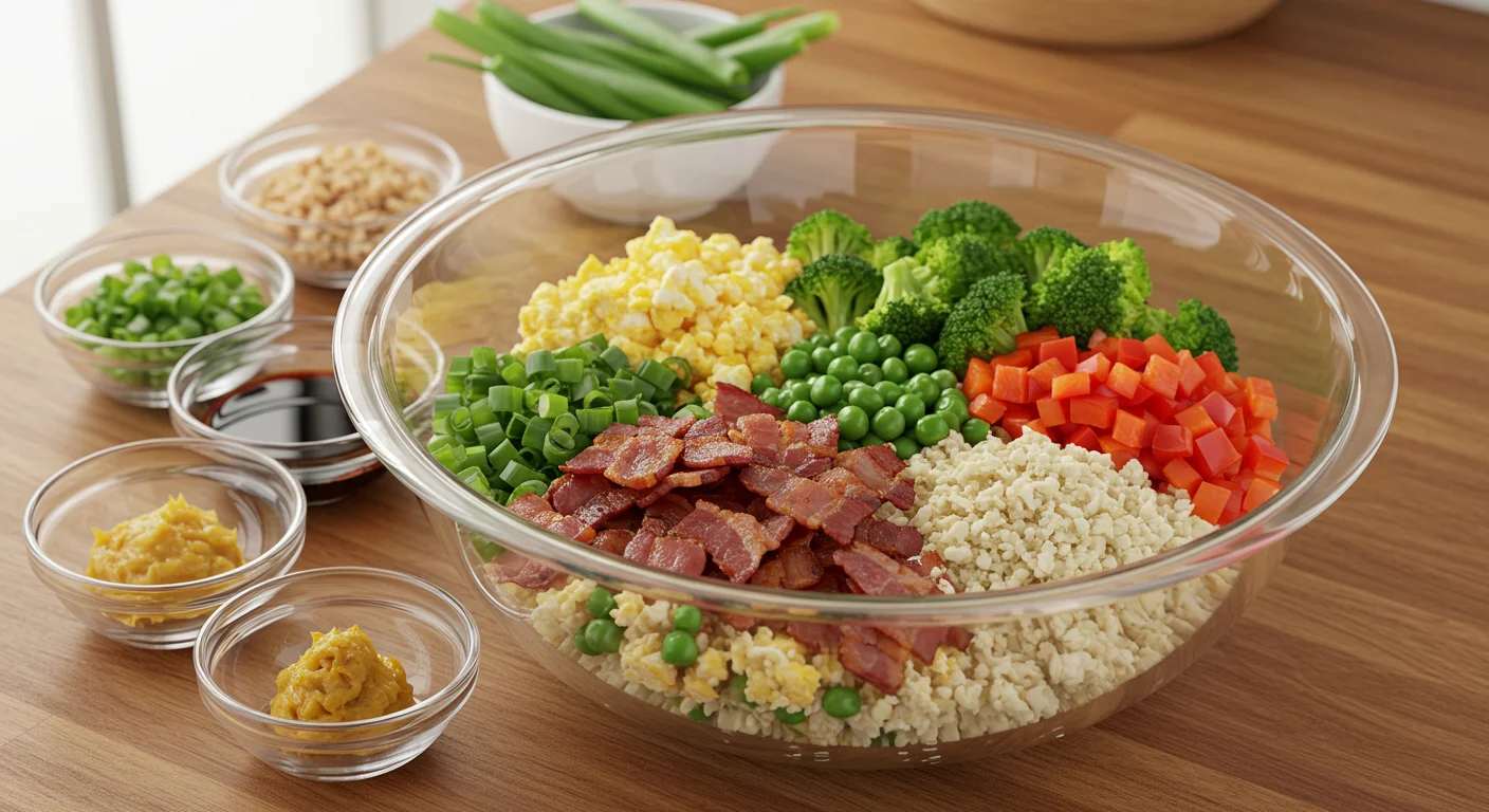 keto fried rice Glass bowl with chopped green onions, bacon, cauliflower rice, whisked eggs, and mixed vegetables, surrounded by small bowls of soy sauce and ginger paste on a wooden countertop.