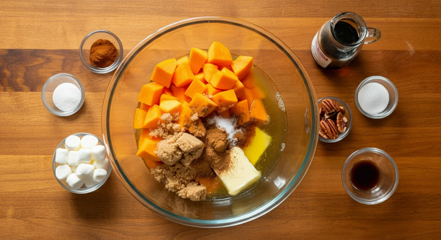 Candied Sweet Potatoes Glass bowl of cubed butternut squash surrounded by small bowls of marshmallows, butter, spices, and sugar substitute on a wooden countertop.