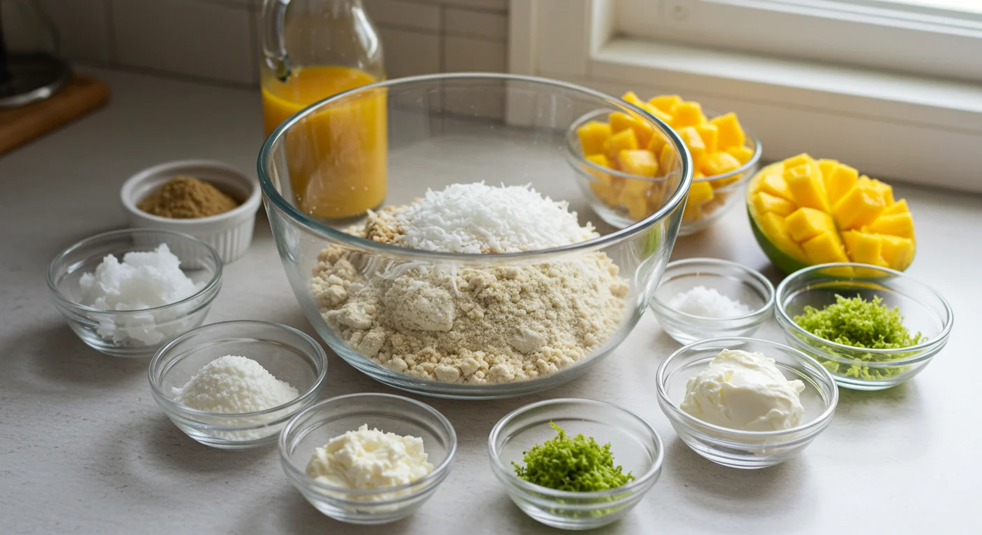 keto Mango labne cheesecake Glass bowl with almond flour, shredded coconut, and macadamia nuts, surrounded by small bowls of other cheesecake ingredients on a bright kitchen counter.