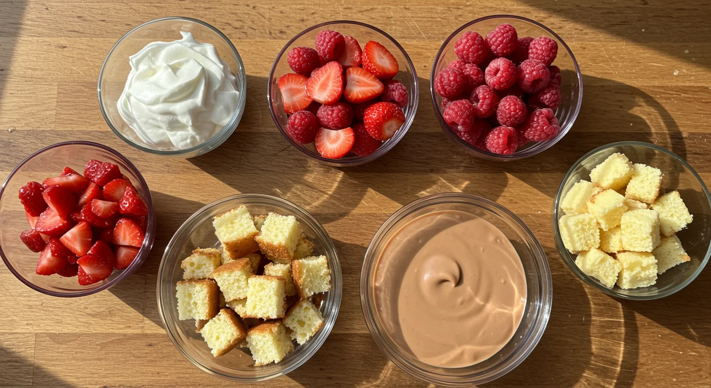 keto Diabetic-friendly trifle Ingredients for keto trifle in glass bowls on a rustic wooden surface, with vibrant berries, custard, and sponge cake highlighted by natural light.