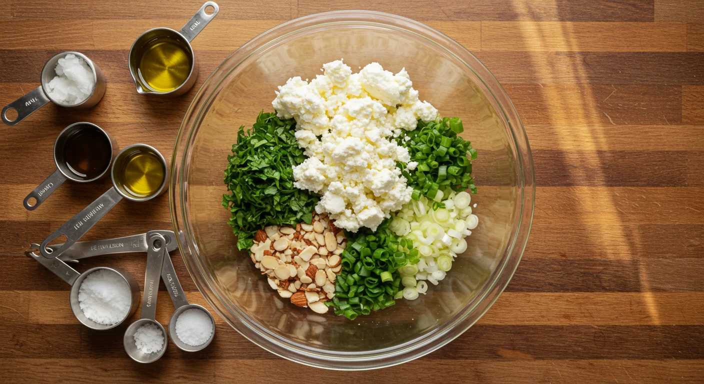 keto Charred herb and fetta salmon Ingredients for keto charred herb and feta salmon in a glass bowl, including feta, parsley, green onions, almonds, and fennel seeds on a wooden countertop.