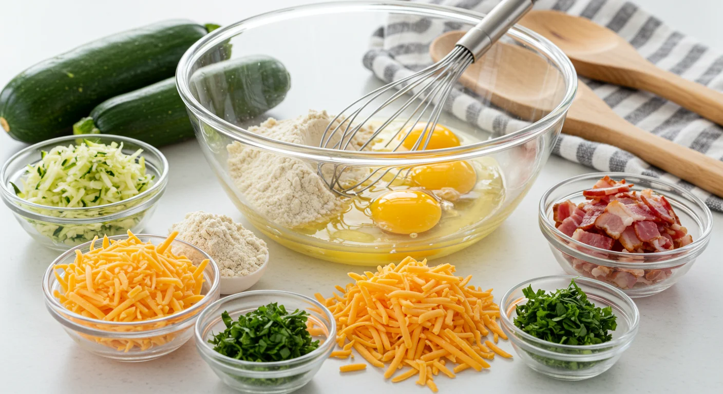 keto zucchini slice A glass bowl filled with ingredients for a keto zucchini slice, including grated zucchini, almond flour, eggs, and cheese, surrounded by smaller bowls with parsley and bacon on a clean kitchen counter.