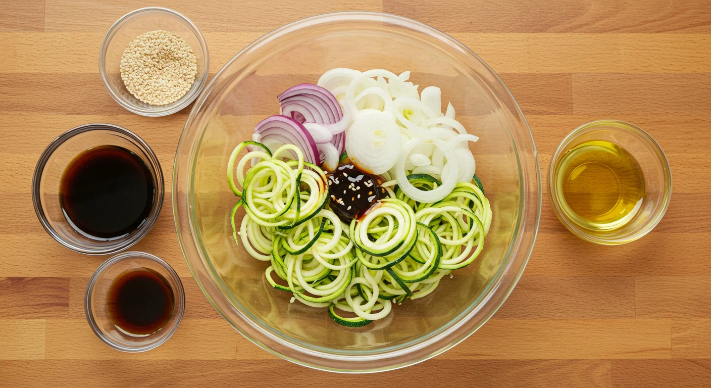 keto Zucchini Noodles Glass bowl with spiralized zucchini and onions, surrounded by small bowls of sesame seeds, teriyaki sauce, and oil on a wooden countertop.