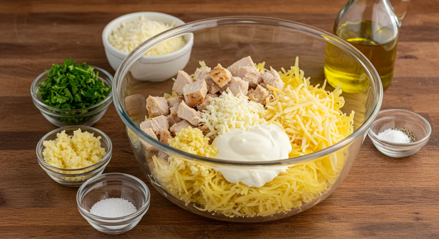 Chicken Alfredo Spaghetti Squash Glass bowl with spaghetti squash, chicken, mozzarella, garlic, and Alfredo sauce on a wooden countertop, surrounded by small bowls of parsley, Parmesan, salt, and pepper.