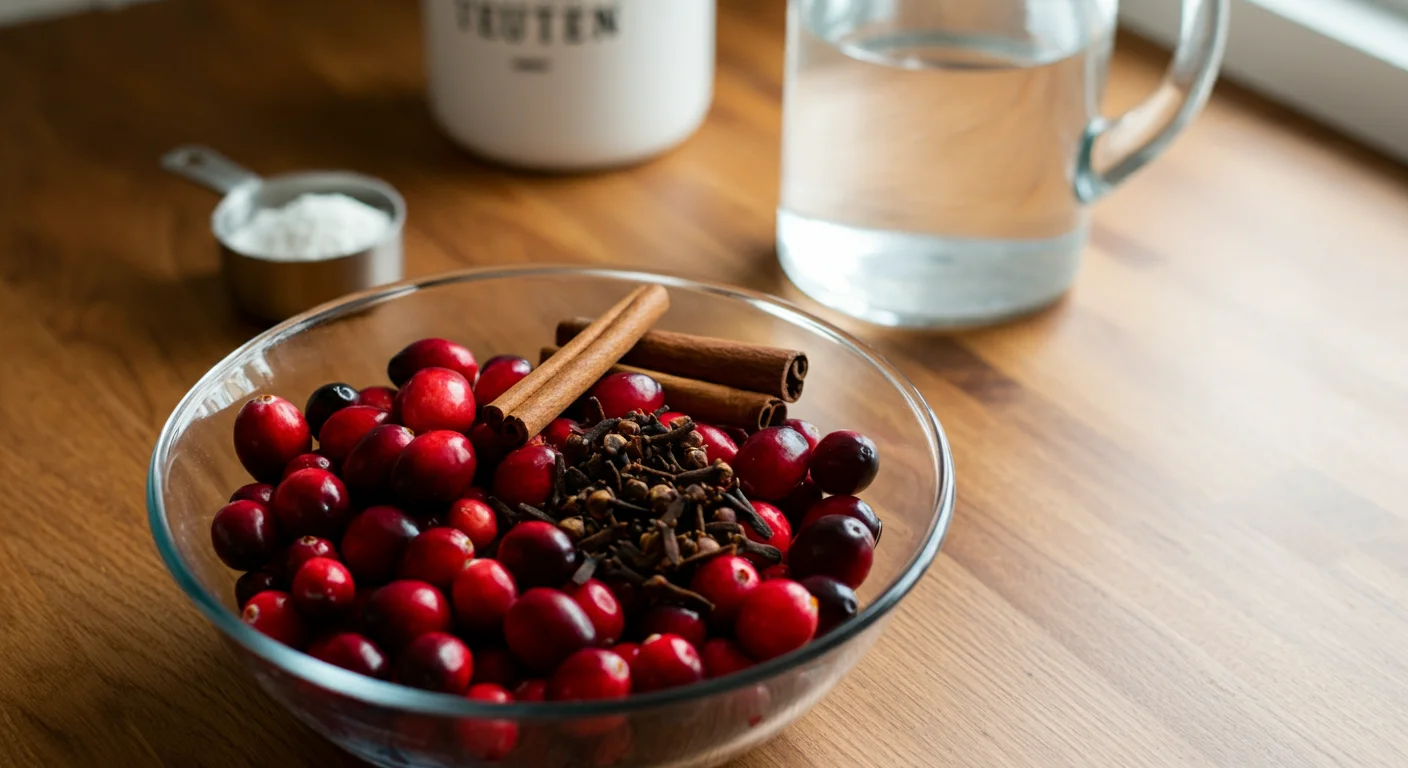 Holiday Cranberry Sauce Glass bowl with fresh cranberries, cinnamon sticks, cloves, and allspice on a wooden counter, with sweetener and water nearby.