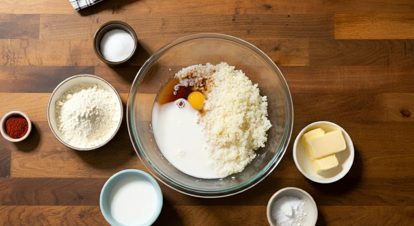 Keto Corn Pudding Ingredients for Keto Corn Pudding in a glass bowl with spices and flour in small bowls on a wooden countertop.