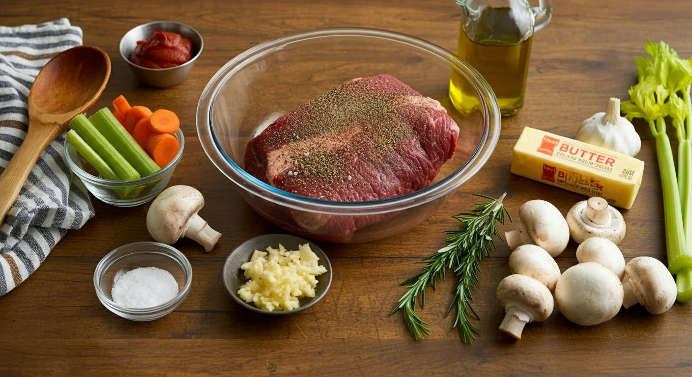 Keto Beef Pot Roast Ingredients for Keto Beef Pot Roast: beef, carrots, celery, mushrooms, garlic, and rosemary in glass bowls on a rustic countertop.