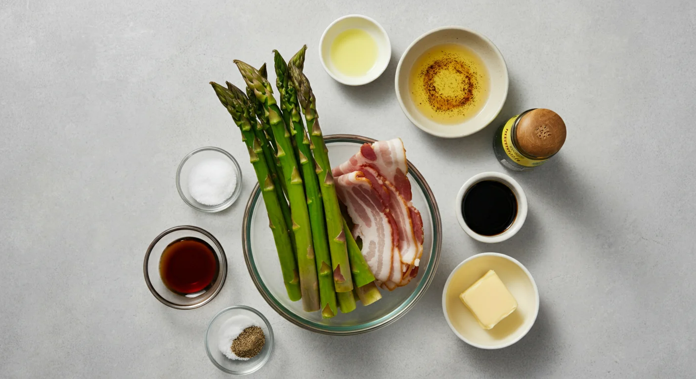 Keto Bacon Wrapped Asparagus Ingredients for bacon-wrapped asparagus: asparagus, bacon, butter, balsamic vinegar, salt, and pepper on a kitchen counter.