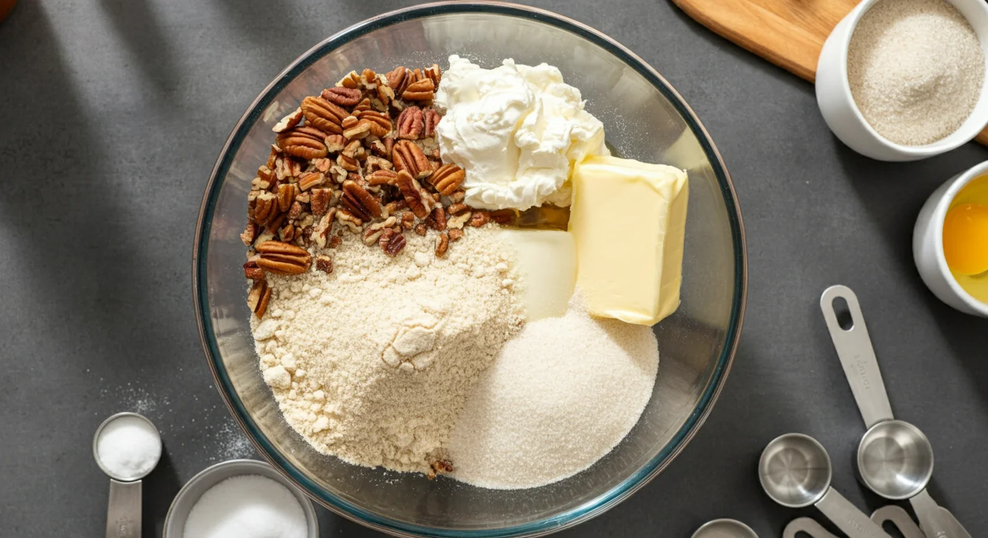 Keto Sugar-Free Pecan Cheesecake Bars Ingredients for Keto Pecan Cheesecake Bars in a glass bowl on a kitchen counter, surrounded by measuring cups and spoons under soft natural light.