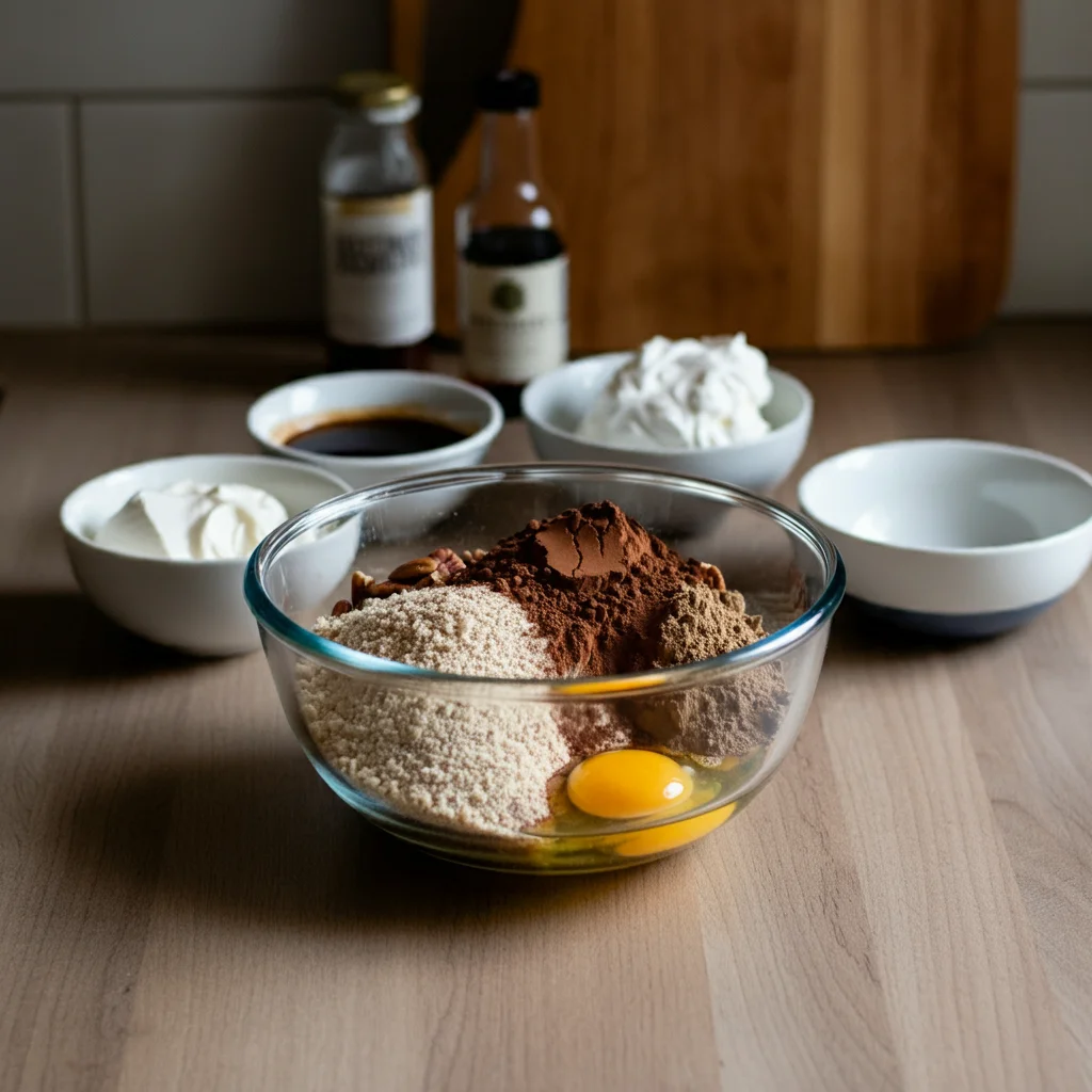 Keto Cappuccino Slice Glass bowl with keto cappuccino slice ingredients, surrounded by small bowls of cream cheese, whipped cream, and espresso on a wooden countertop.