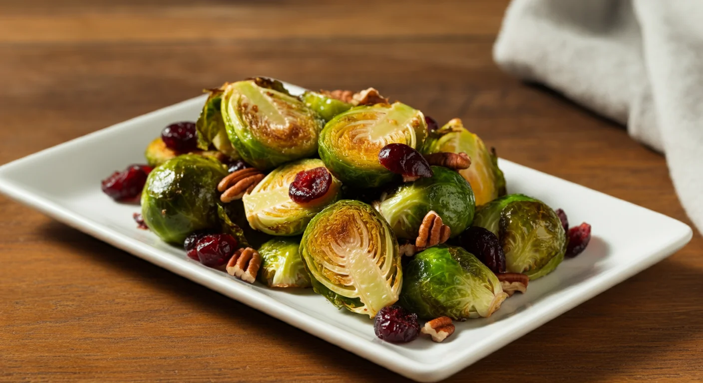 Keto Cranberry Pecan Brussels Sprouts Hand holding a lettuce roll with roasted Brussels sprouts, pecans, and cranberries, plated elegantly on a white plate.