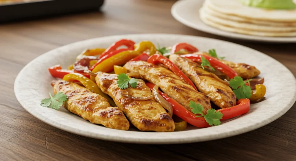 10-Min Keto Chicken Fajitas Plated keto chicken fajitas with grilled chicken, peppers, onions, and cilantro, taken casually with a handheld mobile camera.