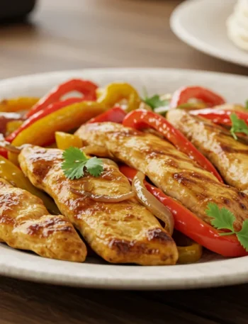 10-Min Keto Chicken Fajitas Plated keto chicken fajitas with grilled chicken, peppers, onions, and cilantro, taken casually with a handheld mobile camera.