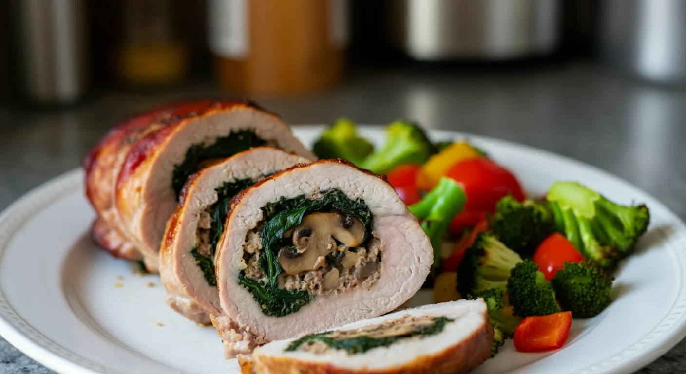 Keto Stuffed Pork Tenderloin Close-up of keto stuffed pork tenderloin with prosciutto crust and roasted vegetables, shot from above in natural light.