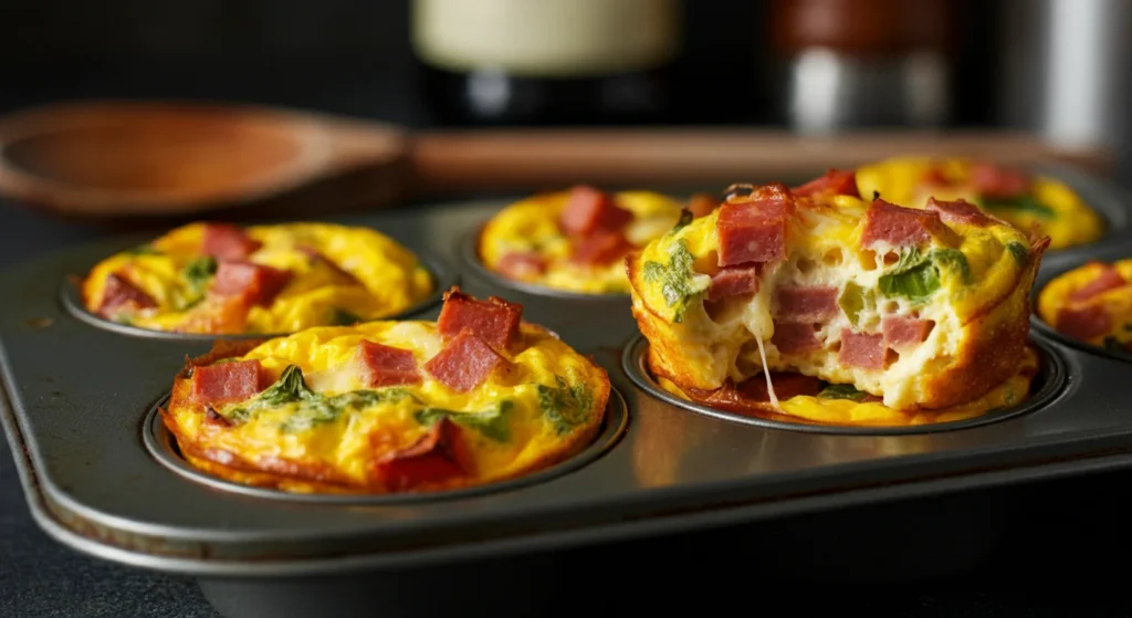 Keto Salami & Cheese Frittatas Freshly baked Keto Salami and Cheese Frittatas in a muffin tin, one tilted to show the cheesy filling, captured with natural, casual lighting.